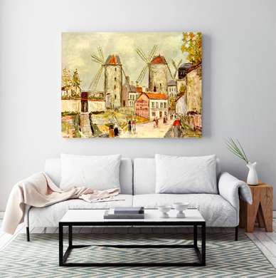 Poster - Vintage city with a sand-colored windmill, 90 x 60 см, Framed poster, Vintage