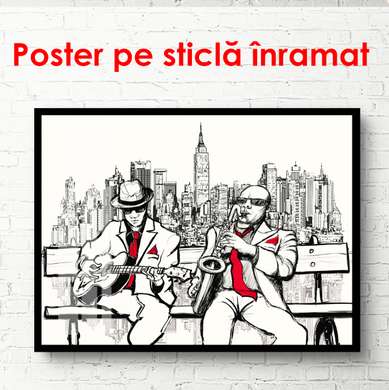 Постер - Графический рисунок музыкантов на скамейке, 90 x 60 см, Постер на Стекле в раме