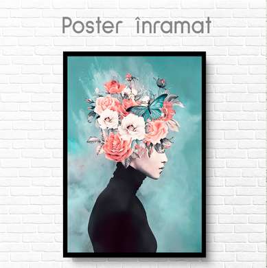 Poster - Lady with pink flowers, 30 x 45 см, Canvas on frame