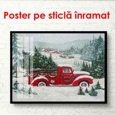 Poster - Mașină retro roșie cu bradul de Crăciun, 45 x 30 см, Panza pe cadru