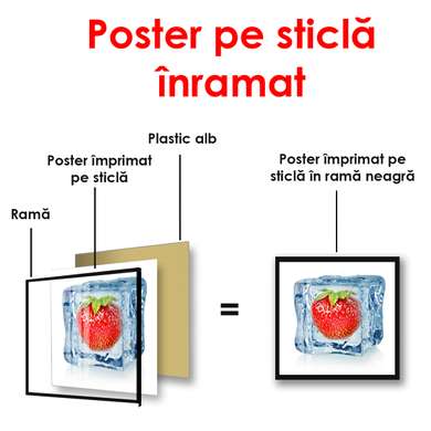 Poster - Strawberries in an ice cube, 100 x 100 см, Framed poster on glass, Food and Drinks