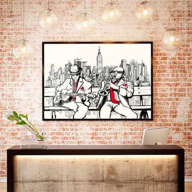 Poster - Graphic drawing of musicians on a bench, 90 x 60 см, Framed poster on glass