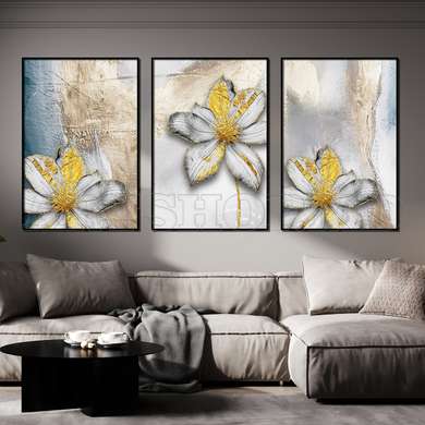 Poster - Gray flowers with golden elements, 30 x 45 см, Canvas on frame, Sets