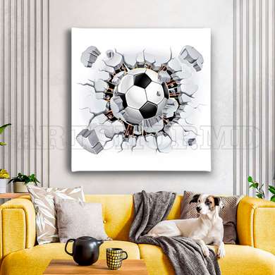 Постер - Футбольный мяч разбивает стену, 100 x 100 см, Постер в раме, Спорт