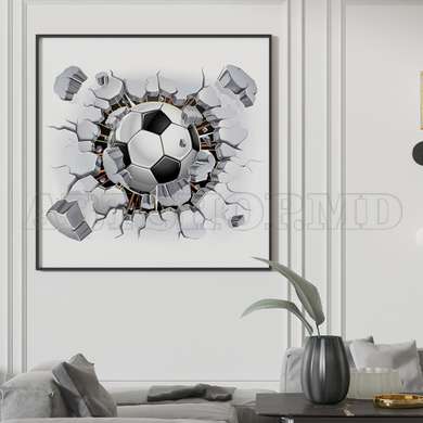 Постер - Футбольный мяч разбивает стену, 100 x 100 см, Постер в раме, Спорт