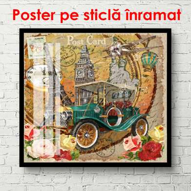 Poster - Mașina turcoaz pe un fundal galben, 100 x 100 см, Poster înrămat, Provence