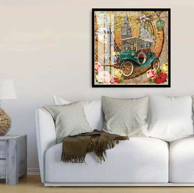 Poster - Turquoise car on a yellow background, 100 x 100 см, Framed poster, Provence