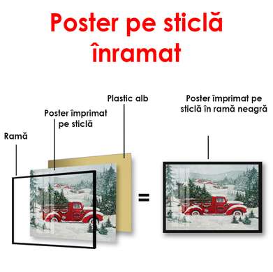 Poster - Mașină retro roșie cu bradul de Crăciun, 90 x 60 см, Poster inramat pe sticla