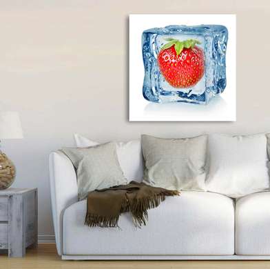 Poster - Strawberries in an ice cube, 100 x 100 см, Framed poster