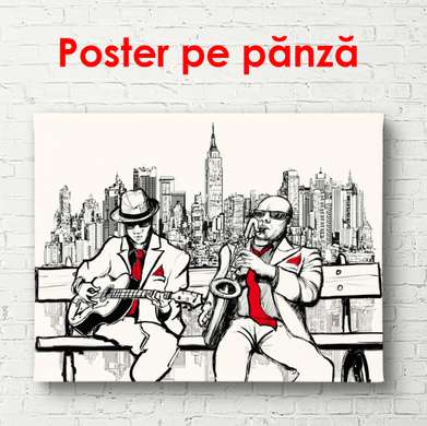 Poster - Graphic drawing of musicians on a bench, 90 x 60 см, Framed poster on glass