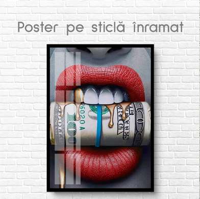 Poster - Red lips and dollars with golden smudges, 30 x 45 см, Canvas on frame