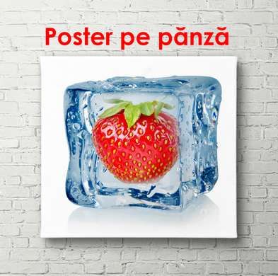 Постер - Клубника в кубике льда, 100 x 100 см, Постер в раме, Еда и Напитки
