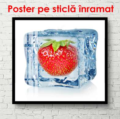 Постер - Клубника в кубике льда, 100 x 100 см, Постер в раме, Еда и Напитки