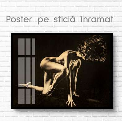Poster - Silhouette of a girl on a black background, 90 x 60 см, Framed poster on glass, Nude