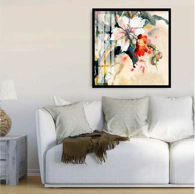 Poster - Aranjamentul de flori și frunze albe, 100 x 100 см, Poster înrămat, Flori