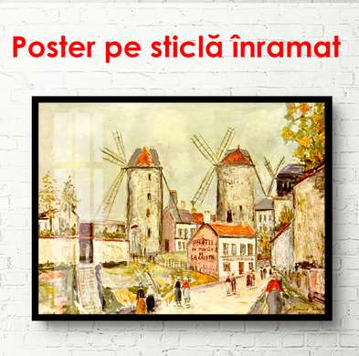 Poster - Orașul vintage cu o moară, 90 x 60 см, Poster înrămat, Vintage