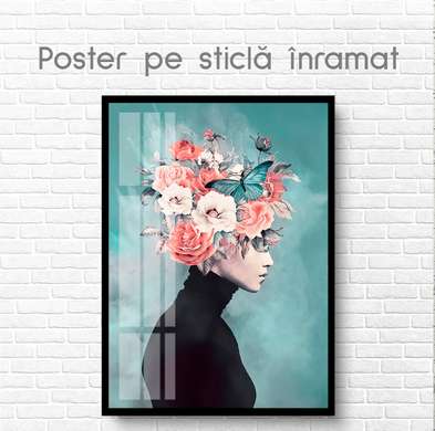 Poster - Lady with pink flowers, 60 x 90 см, Framed poster on glass
