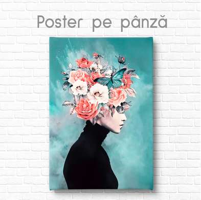 Poster - Lady cu flori roz, 60 x 90 см, Poster inramat pe sticla