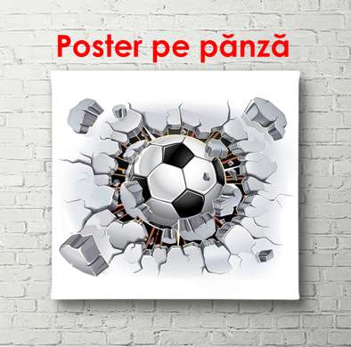 Poster - Mingea de fotbal care sparge un perete, 100 x 100 см, Poster înrămat, Sport