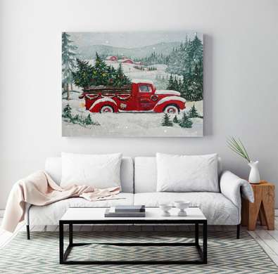 Poster - Mașină retro roșie cu bradul de Crăciun, 90 x 60 см, Poster inramat pe sticla