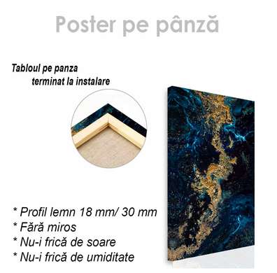 Постер - Золото с синей краской, 30 x 45 см, Холст на подрамнике, Абстракция