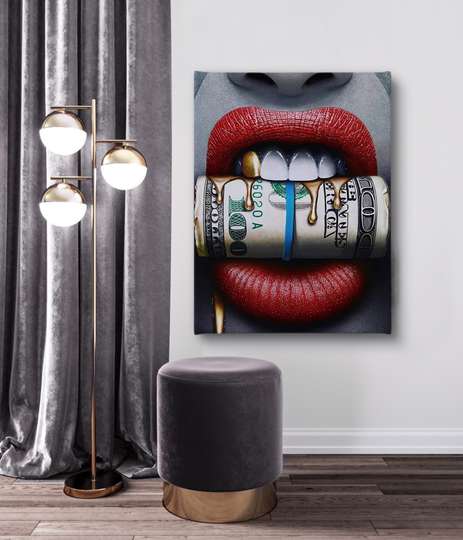 Poster - Red lips and dollars with golden smudges, 30 x 45 см, Canvas on frame, Glamour