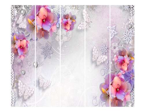 Ширма - Разноцветные цветы и бабочки на белом фоне, 7