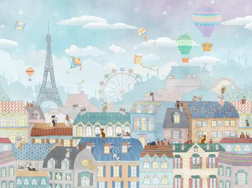 Photo wallpaper for the nursery, the Eiffel Tower and the roofs of houses with cats