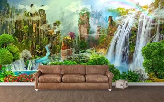 Wall Mural - Beautiful flower park with a waterfall.