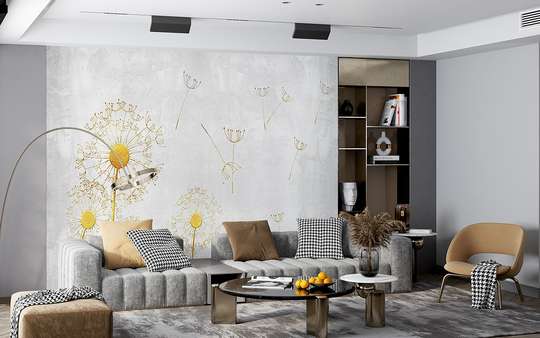 Wall mural - Dandelions with golden stem on gray background