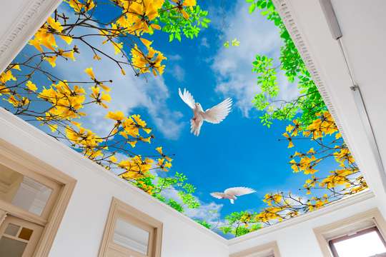 Fototapet - Porumbei albe pe cerul cu flori