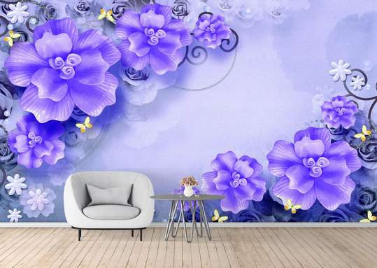 3D Wallpaper - Purple flowers on a blue background
