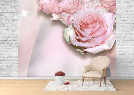 Фотообои - Розовые розы и утренняя роса
