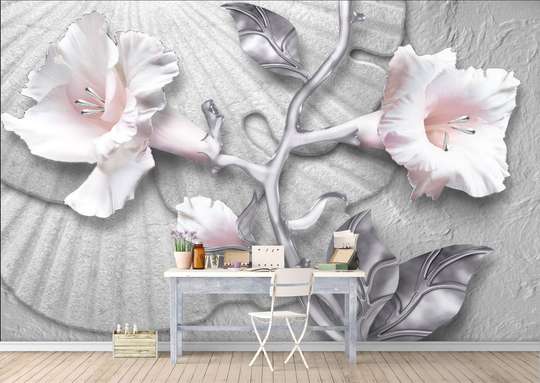 3D Wallpaper - White flowers with silver leaves on a silver background