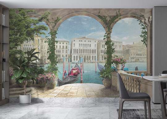 Wall mural - View of the Venetian canal from the arched terrace, pale shades