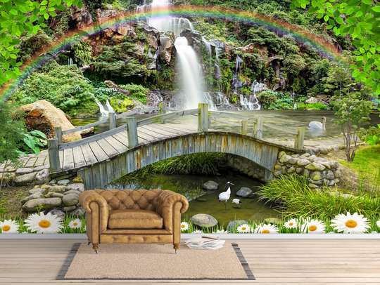 Wall Mural - Waterfall in the green forest.
