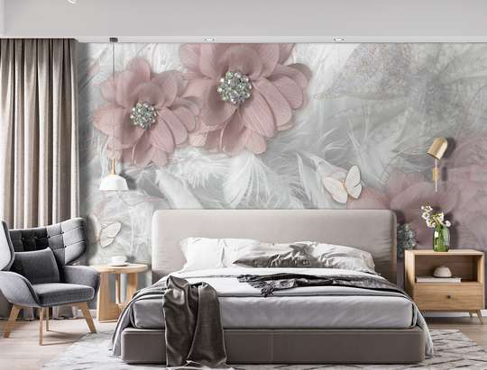 Wall Mural - Pale pink flowers and feathers