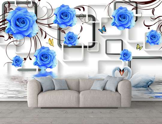 3D Фотообои, Синие цветы на белом фоне