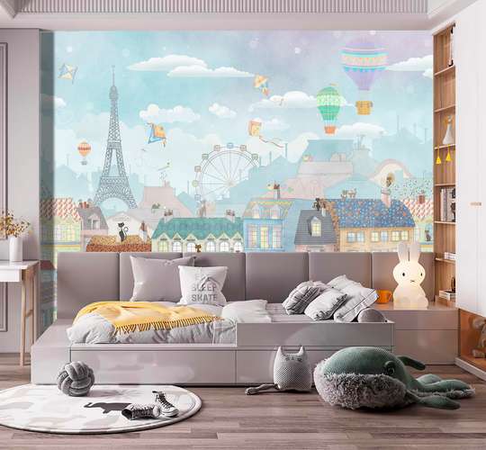 Photo wallpaper for the nursery, the Eiffel Tower and the roofs of houses with cats