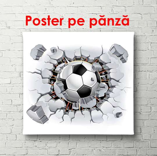Постер - Футбольный мяч разбивает стену, 100 x 100 см, Постер в раме