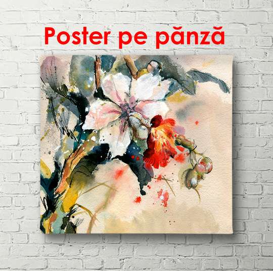 Постер - Композиция из белого цветка и листьями, 100 x 100 см, Постер в раме