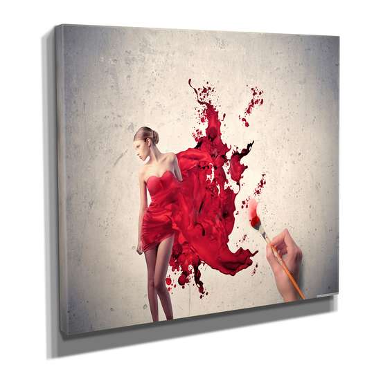 Poster - Fată în rochie roșie, 40 x 40 см, Panza pe cadru