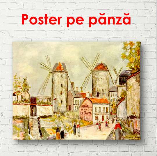 Постер - Винтажный город с мельницей песочного цвета, 90 x 60 см, Постер в раме