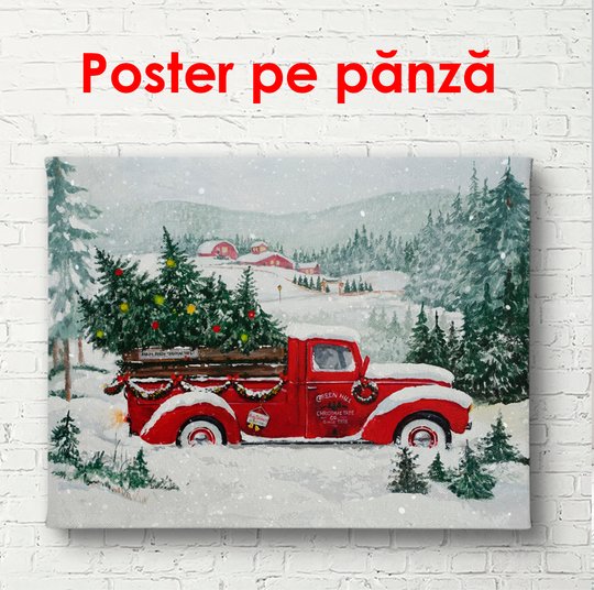 Poster, Mașină retro roșie cu bradul de Crăciun, 45 x 30 см, Panza pe cadru