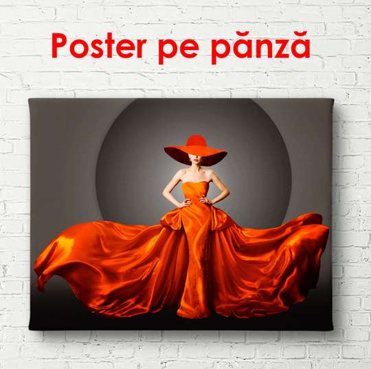 Poster - Doamnă în pălărie luxoasă și rochie roșie, 45 x 30 см, Panza pe cadru, Glamour