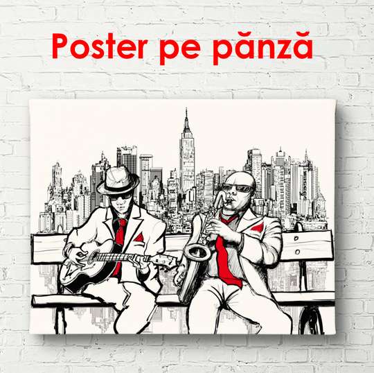 Poster, Desenul grafic al muzicienilor de pe o bancă, 90 x 60 см, Poster înrămat
