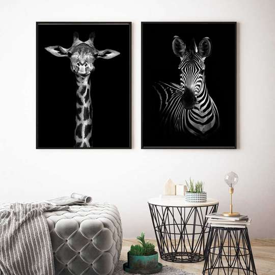 Poster - giraffe and zebra, 60 x 90 см, Framed poster on glass