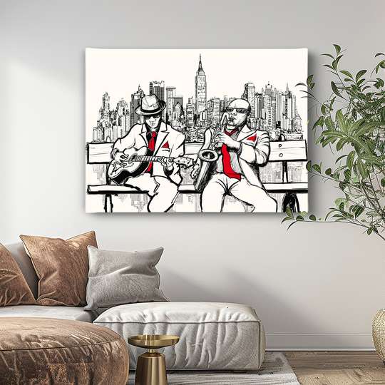 Poster - Graphic drawing of musicians on a bench, 90 x 60 см, Framed poster, Music