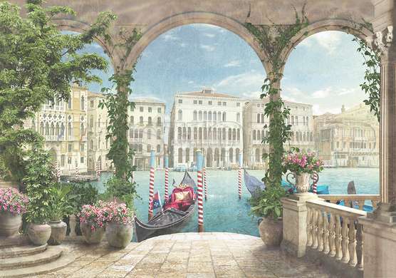 Wall mural - View of the Venetian canal from the arched terrace, pale shades