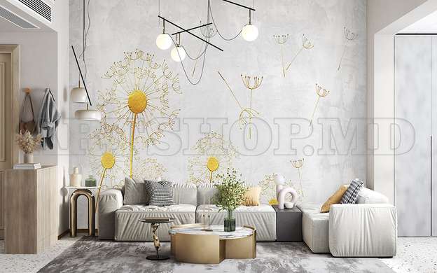 Wall mural - Dandelions with golden stem on gray background